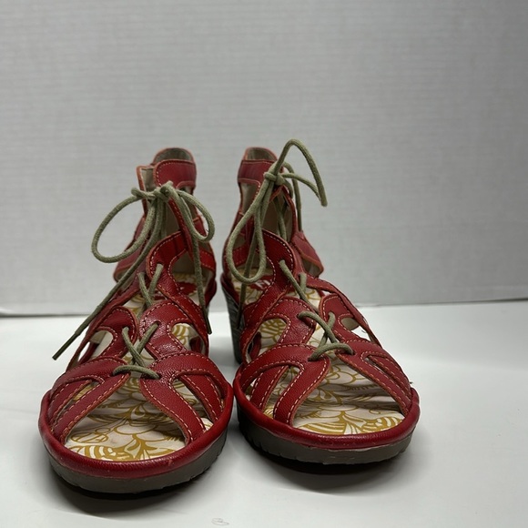 Fly London Lace Up Leather High Heel Open Toe Shoes Sandals Red Size 37 6.5 - 7 - Picture 12 of 13